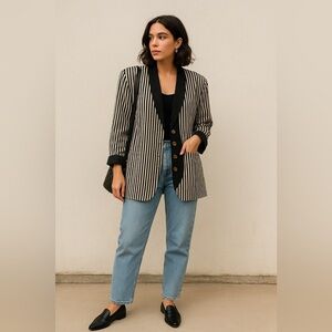 Vintage Vest Jacket by Scarlet Black White Stripe Gold Button Oversize Rayon S M